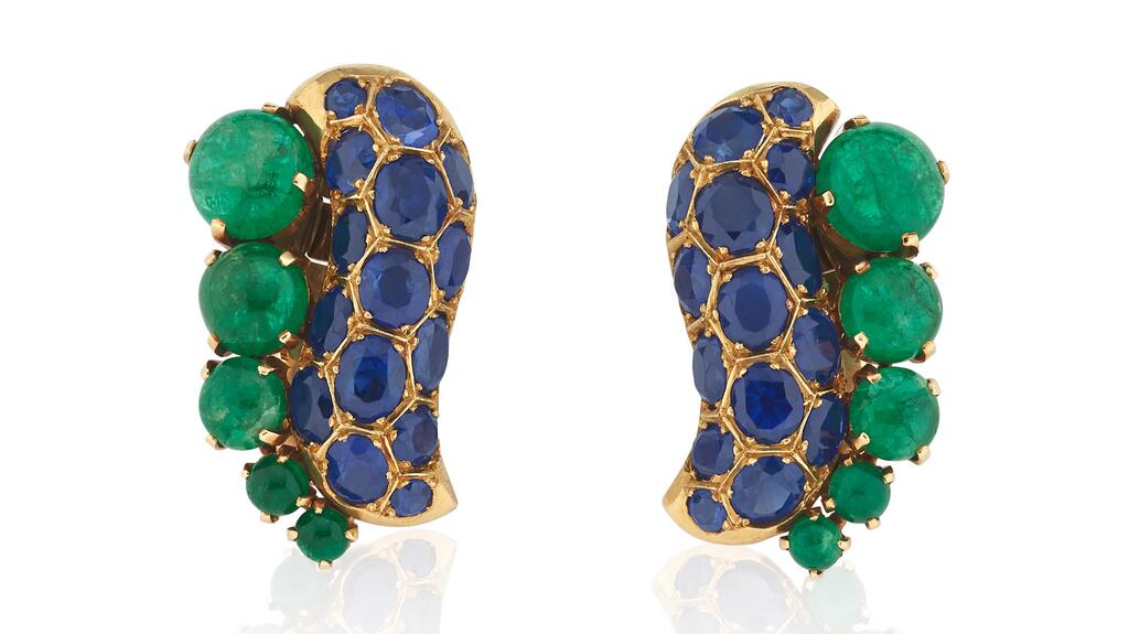A pair of sapphire and emerald ear clips from Suzanne Belperron with a pre-sale estimate of 38,000 to 48,000 CHF ($40,000 to $50,000) Suzanne Belperron earclips
